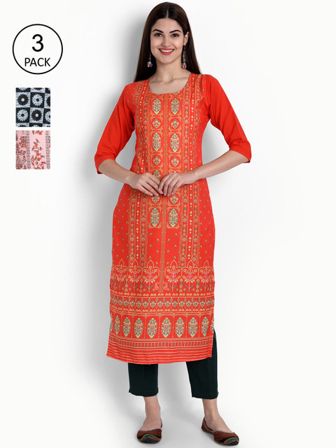 

Ethnic basket Women Pack of 3 Orange & Peach-Coloured Ethnic Motifs Printed Crepe Kurtas