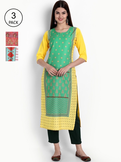 

Ethnic basket Women Pack of 3 Ethnic Motifs Printed Crepe Kurta, Yellow