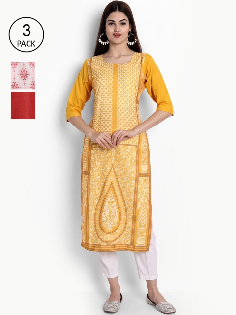 

Ethnic basket Women Multicoloured Set of 3 Ethnic Motifs Printed Crepe Kurta, Multi