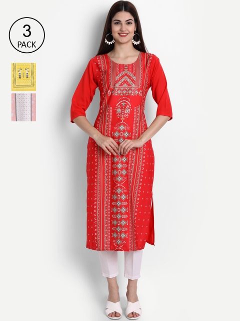 

Ethnic basket Women Multicoloured Set of 3 Ethnic Motifs Printed Crepe Kurta, Multi