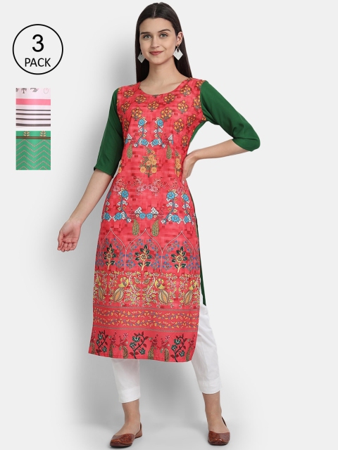 

Ethnic basket Women Set Of 3 Pink & Green Floral Printed Crepe Kurta