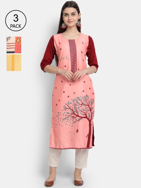 

Ethnic basket Women Multicoloured Pack Of 3 Ethnic Motifs Printed Crepe Kurta, Multi