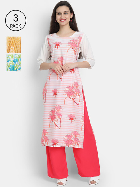 

Ethnic basket Women Pack of 3 Orange & Green Ethnic Motifs Printed Crepe Kurtas