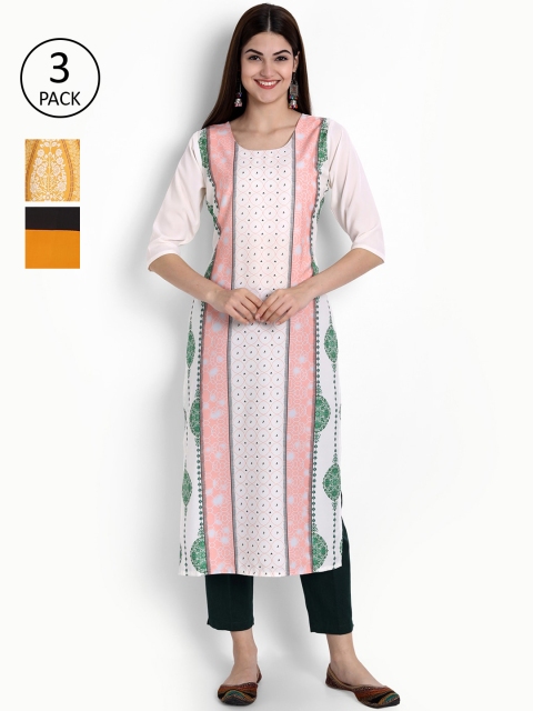 

Ethnic basket Women Set Of 3 Pink & Yellow Geometric Printed Crepe Kurta