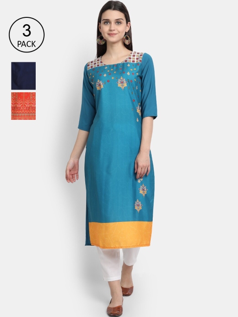 

Ethnic basket Women Pack of 3 Digital Printed Straight Kurtas, Blue