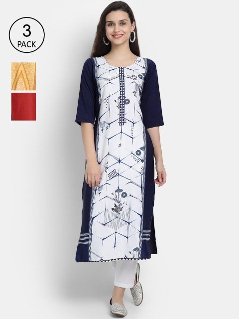 

Ethnic basket Women Pack of 3 Digital Printed Straight Kurtas, White