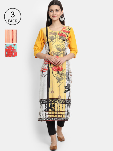 

Ethnic basket Women Pack of 3 Yellow & White Ethnic Motifs Printed Crepe Kurtas