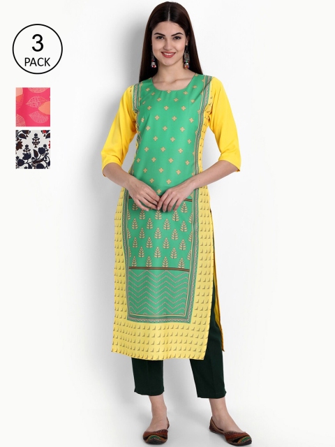 

Ethnic basket Women Pack of 3 Digital Printed Straight Kurtas, Yellow