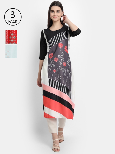 

Ethnic basket Women Pack Of 3 Digital Printed Crepe Kurta, Black