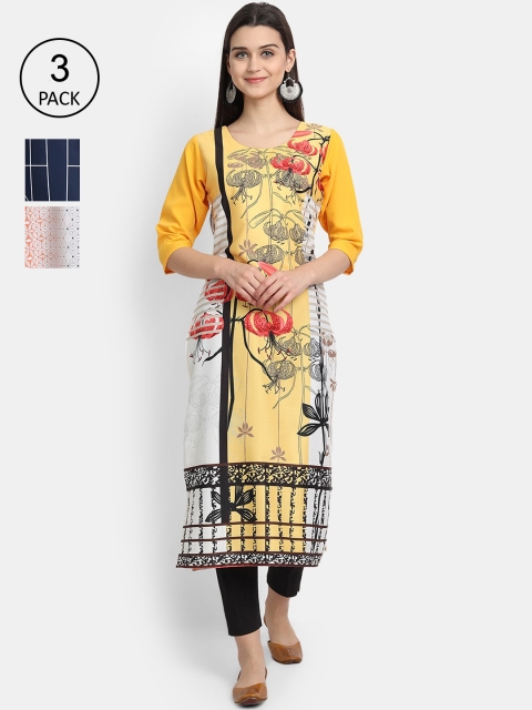 

Ethnic basket Women Pack of 3 Ethnic Motifs Printed Crepe Kurta, Mustard
