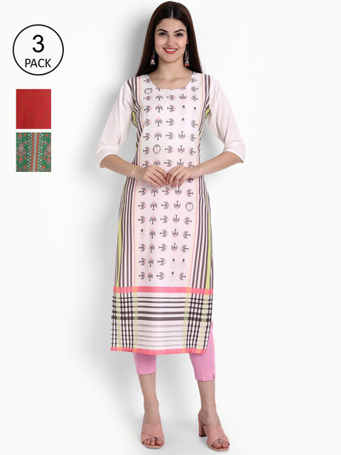 

Ethnic basket Women Pink & Red Ethnic Motifs Printed Crepe Kurta Pack Of 3