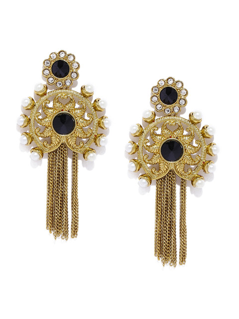 

Fida Antique Gold-Toned & Black Embellished Drop Earrings