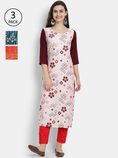 

Ethnic basket Women Set Of 3 Pink & Blue Floral Printed Crepe Kurta
