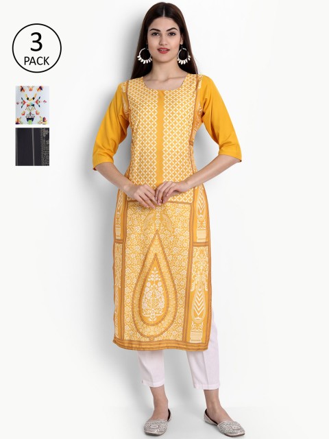 

Ethnic basket Women Yellow & Black Ethnic Motifs Printed Crepe Kurta Pack Of 3