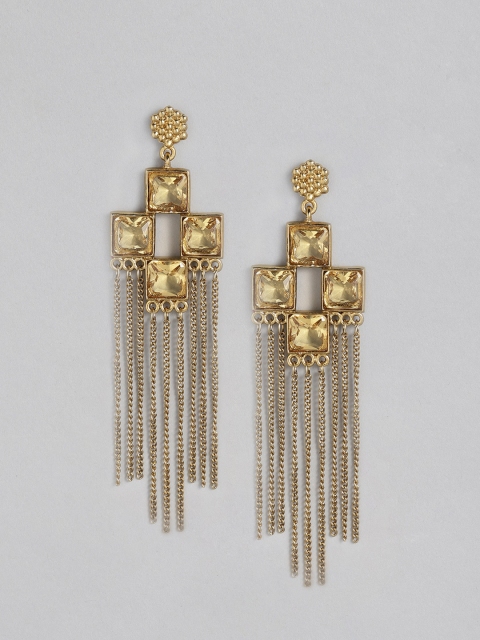 

Fida Gold-Toned Stone Studded Geometric Antique Tasselled Drop Earrings