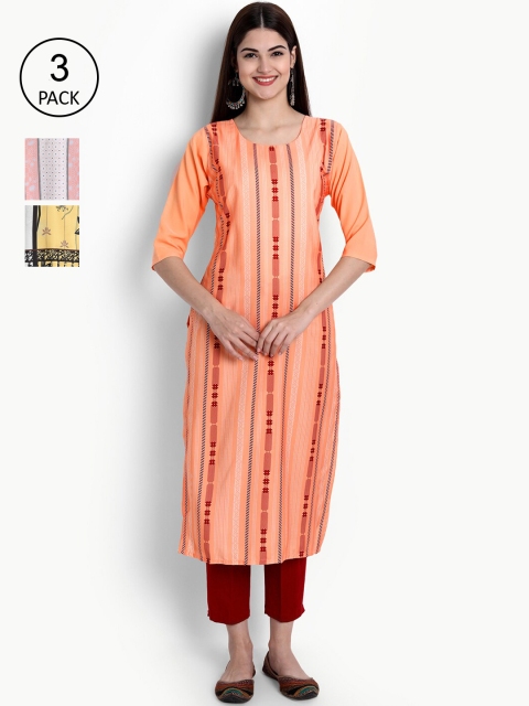 

Ethnic basket Women Pack of 3 Peach-Coloured & White Ethnic Motifs Printed Crepe Kurtas