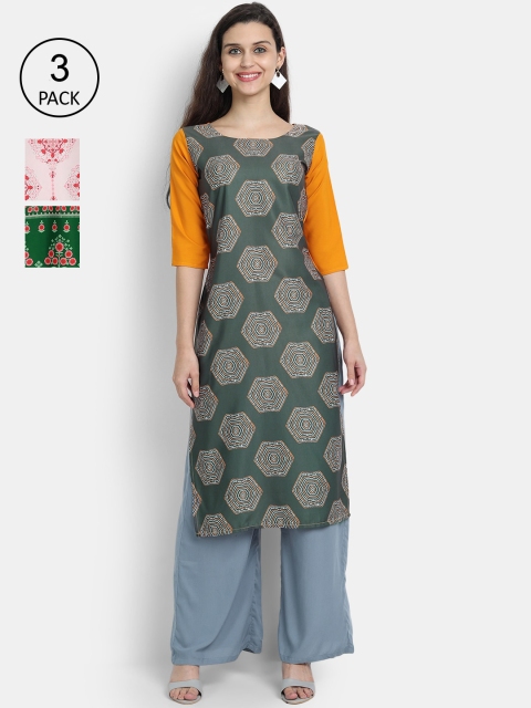 

Ethnic basket Women Pack of 3 Printed Crepe Kurta, Green