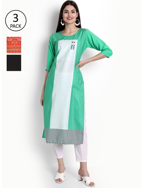 

Ethnic basket Women Pack Of 3 Digital Printed Crepe Kurta, Green