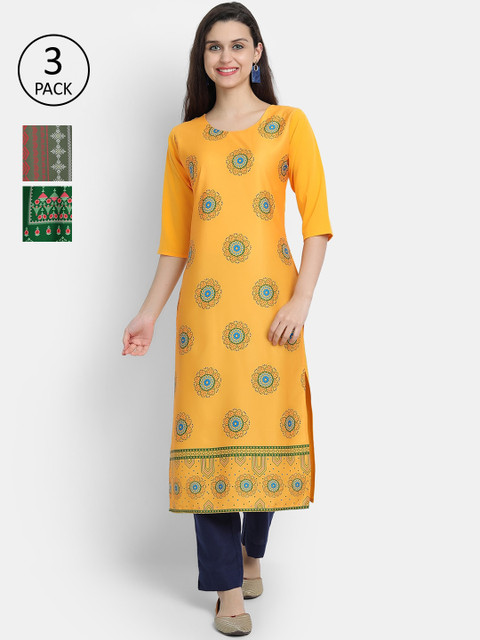 

Ethnic basket Women Pack of 3 Digital Printed Crepe Kurta, Yellow