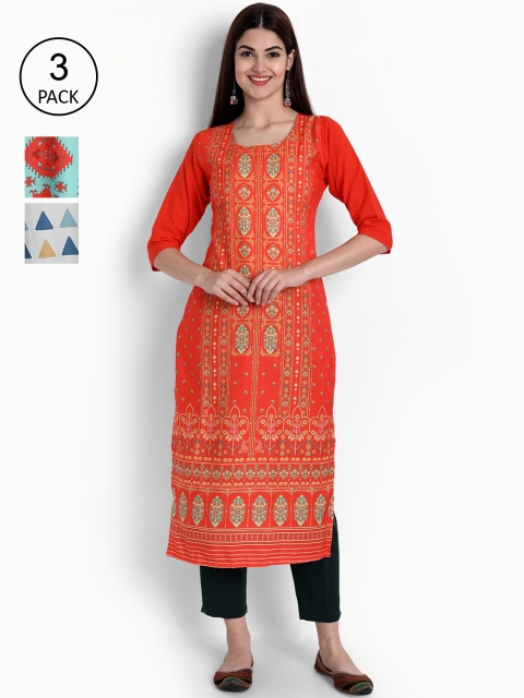 

Ethnic basket Women Set Of 3 Red & Yellow Floral Printed Crepe Kurta