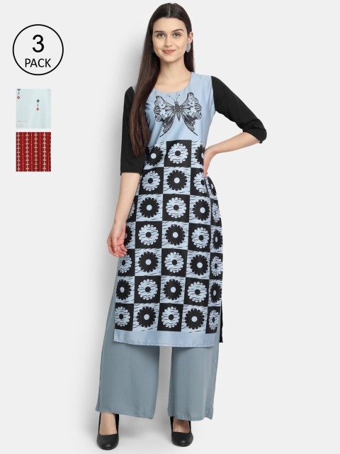 

Ethnic basket Women Pack Of 3 Digital Printed Crepe Kurta, Blue