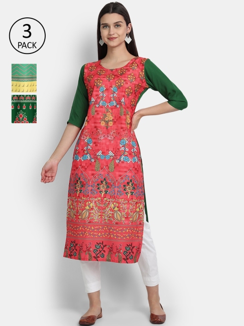 

Ethnic basket Women Set Of 3 Pink & Green Floral Printed Crepe Kurta