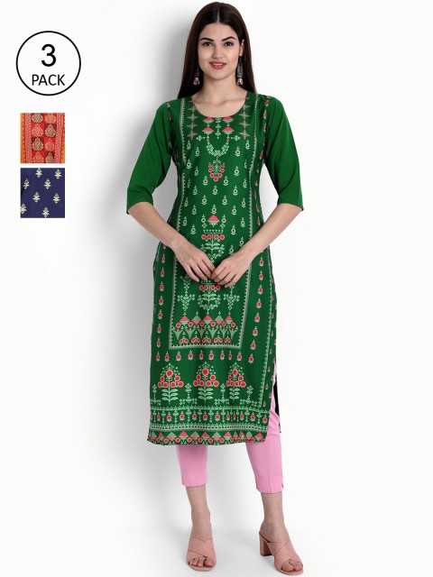 

Ethnic basket Women Pack of 3 Digital Printed Crepe Kurta, Green