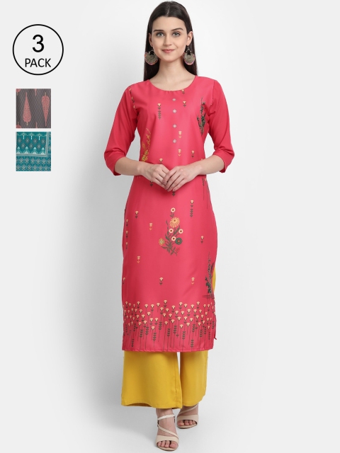 

Ethnic basket Women Set Of 3 Pink & Grey Floral Printed Crepe Kurta