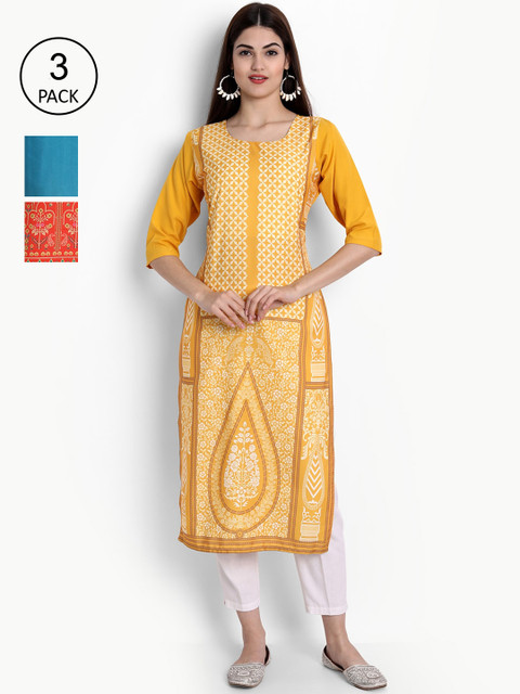 

Ethnic basket Women Pack of 3 Multicoloured Ethnic Motifs Printed Crepe Kurta, Multi