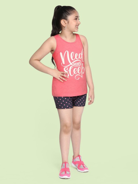 

GAME BEGINS Girls Pink & Navy BlueCotton Typography Print Top with Shorts