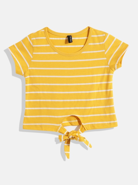 

GAME BEGINS Girls Mustard Yellow & White Pure Cotton Striped Cap Sleeves Top