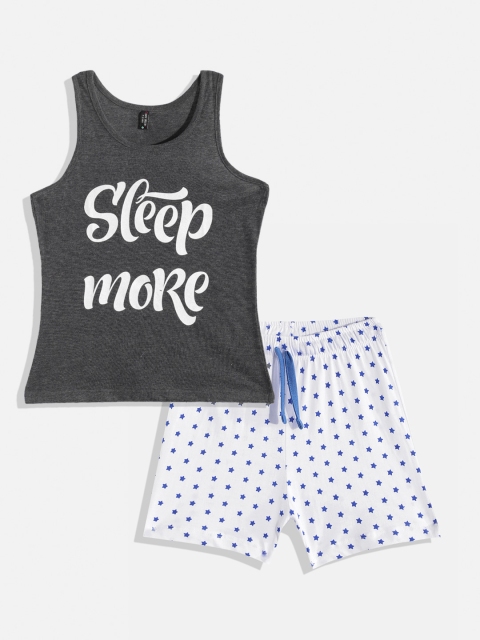 

GAME BEGINS Girls Black & White Cotton Typography Print Top with Shorts