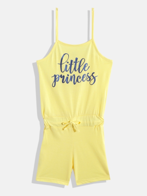 

GAME BEGINS Girls Yellow & Navy Blue Typography Printed Cotton Playsuit with Bow