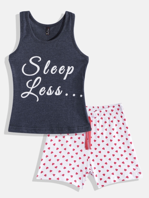 

GAME BEGINS Girls Navy Blue & White Cotton Typography Print Top with Shorts