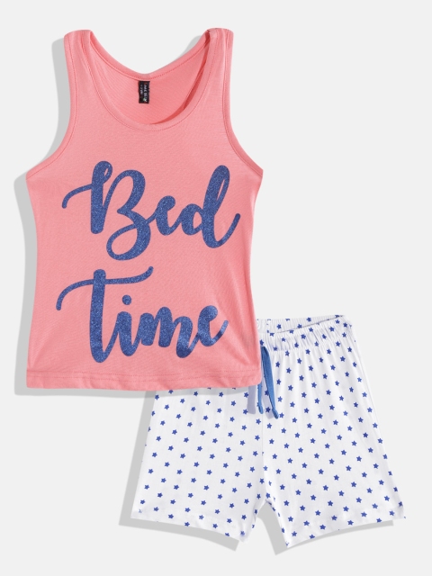 

GAME BEGINS Girls Pink & White Cotton Typography Print Top with Shorts