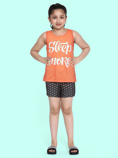 

GAME BEGINS Girls Orange & Grey Cotton Printed Top with Shorts