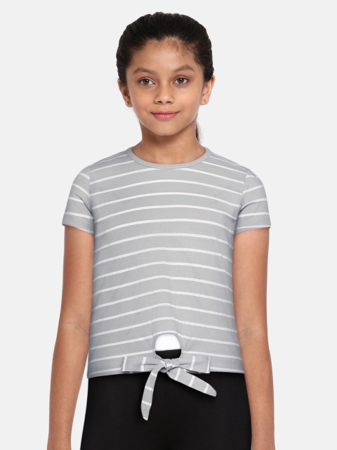 

GAME BEGINS Girls Grey & White Striped Cotton Top with Waist Tie-Ups