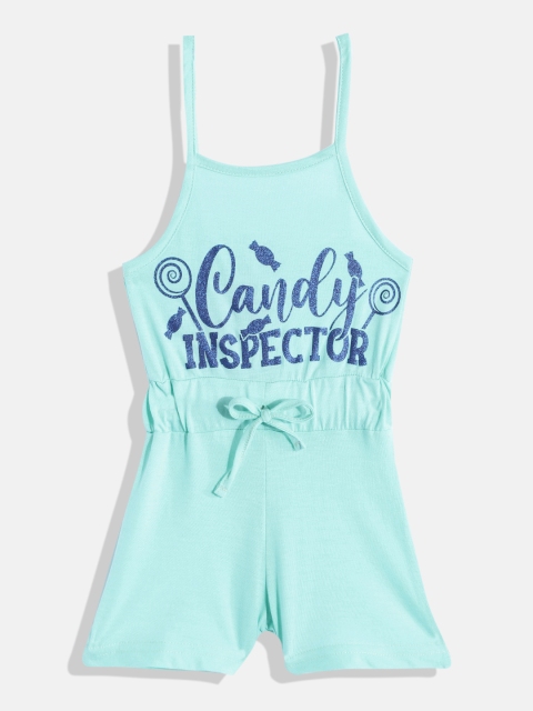 

GAME BEGINS Girls Blue Typography Printed Cotton Playsuit with Bow