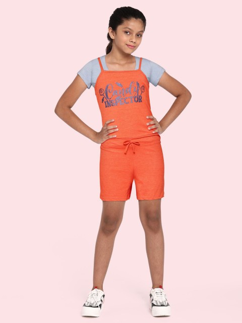 

GAME BEGINS Girls Coral Orange & Navy Blue Typography Printed Cotton Playsuit with Bow