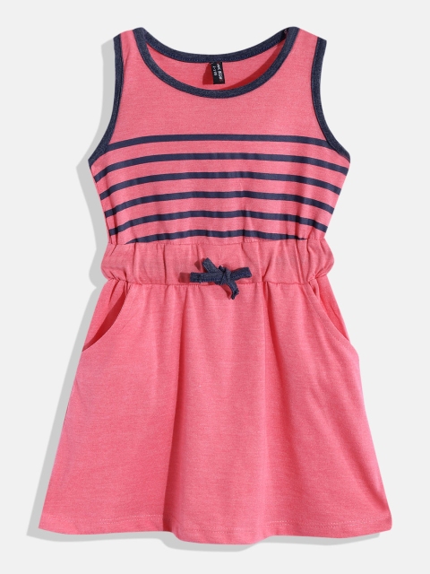 

GAME BEGINS Girls Pink & Navy Blue Striped Cotton Fit & Flare Dress with Bow