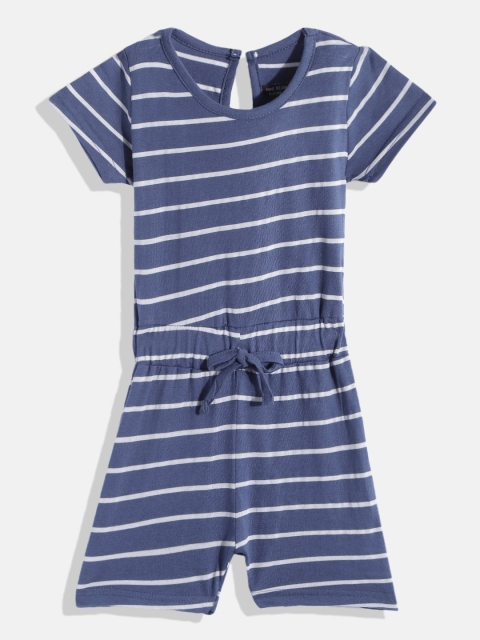 

GAME BEGINS Girls Navy Blue & White Striped Cotton Playsuit