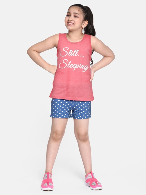 

GAME BEGINS Girls Pink & Blue Cotton Printed Top with Shorts