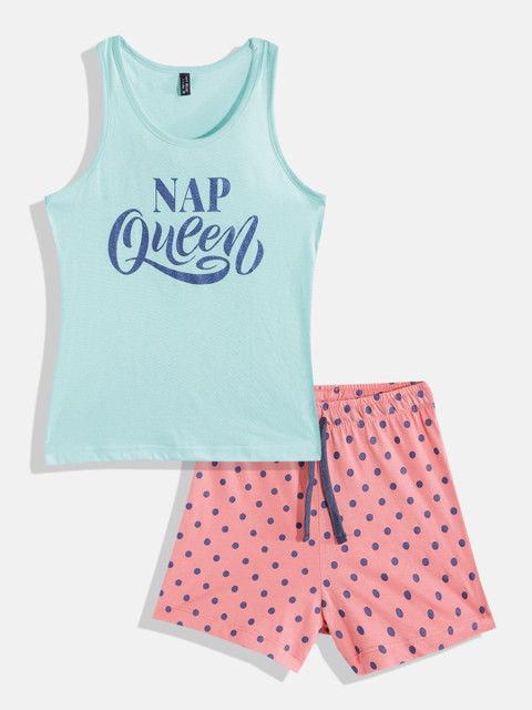 

GAME BEGINS Girls Sea Green & Pink Cotton Typography Print Top with Shorts