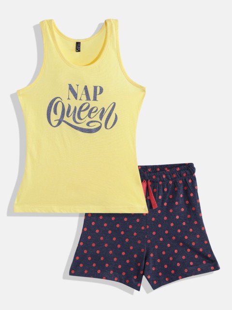 

GAME BEGINS Girls Yellow & Navy Blue Cotton Typography Print Top with Shorts