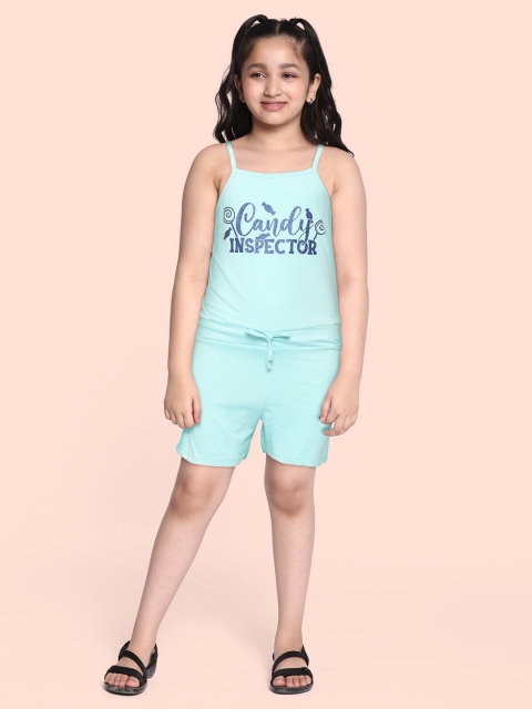 

GAME BEGINS Girls Blue Typography Printed Cotton Playsuit with Bow