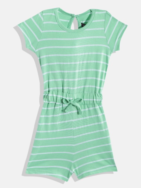 

GAME BEGINS Girls Green & White Striped Cotton Playsuit