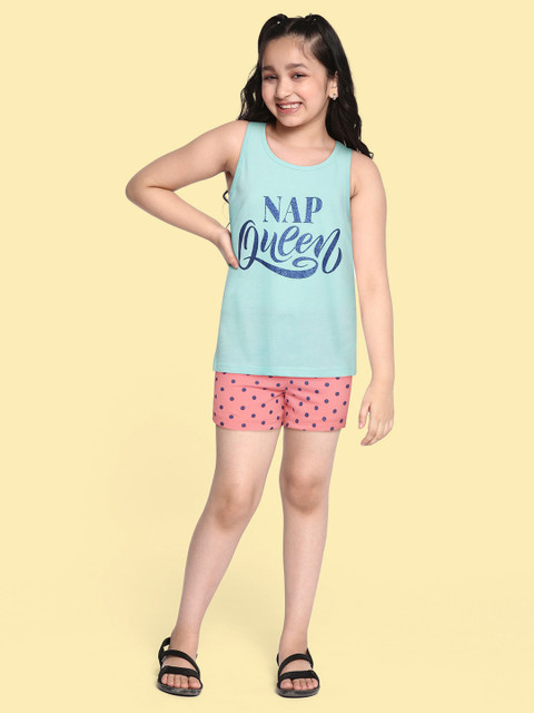 

GAME BEGINS Girls Blue & Pink Cotton Printed Top with Shorts
