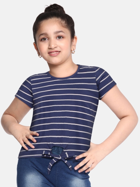 

GAME BEGINS Girls Navy Blue & White Striped Cotton Top with Waist Tie-Ups