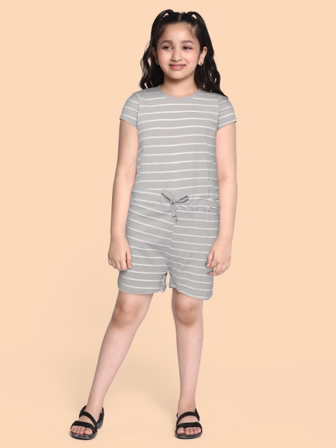 

GAME BEGINS Girls Grey & White Striped Cotton Playsuit with Bow