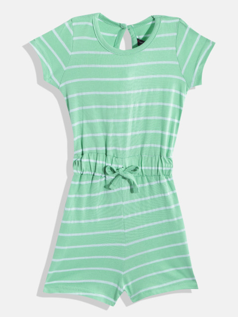 

GAME BEGINS Girls Green & White Striped Cotton Playsuit with Bow